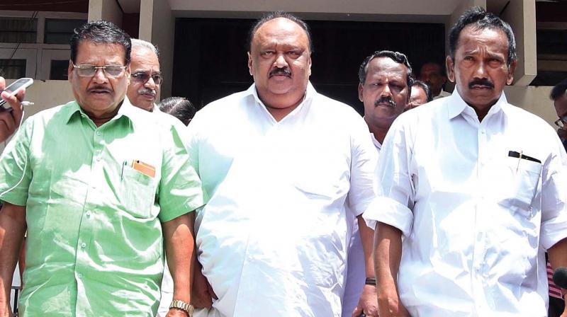 Thomas Chandy, MLA, (C) with CPI leaders K. E. Ismail, Kanam Rajendran and NCP state president Uzhavoor Vijayan at AKG Centre in Thiruvananthapuram on Friday. (Photo: A.v. Muzafar)