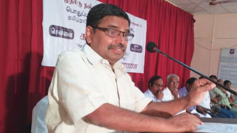 Former Judge of Madras High Court Justice D. Hariparantham addressing the gathering at a seminar on common medical entrance test NEET in the city on Sunday.