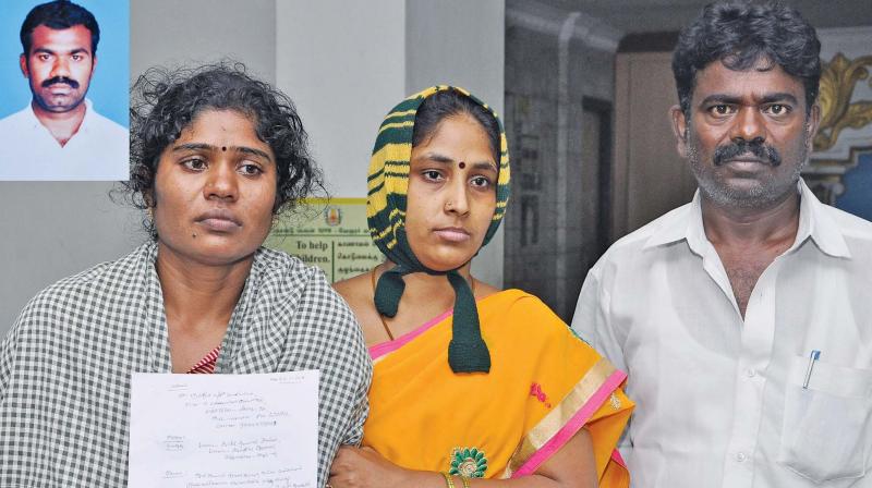 Nandini with her petition at the Vellore collectorate on Friday. (Inset) The grieving Nandinis husband Manikandan. (Photo: DC)