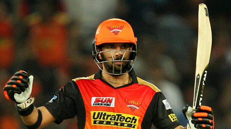 Yuvraj Singh of Sunrisers Hyderabad celebrates his fifty runs during the first match of IPL 2017 against Royal Challengers Bangalore at the Rajiv Gandhi Stadium in Hyderabad on Wednesday. (Photo: AP)