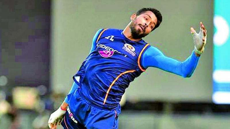 Mumbais Hardik Pandya during a  training  session.