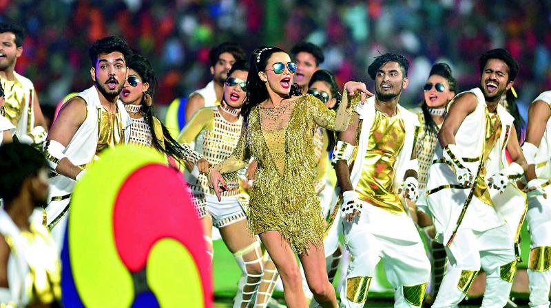 Amy Jackson performs during the IPL opening ceremony on Wednesday in Hyderabad. (Photo: S. Surender Reddy)