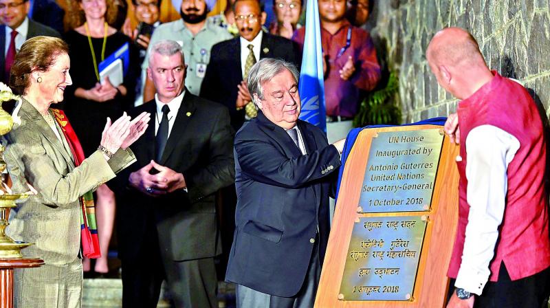 United Nations Secretary-General Antonio Guterres during the inauguration of the UN House in New Delhi, Monday. (Photo: PTI)