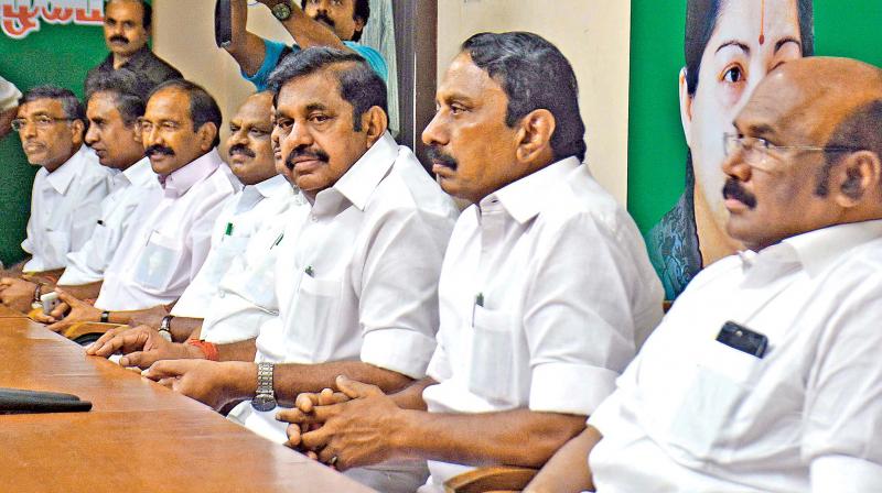 AIADMK senior leader and Tamil Nadu Chief Minister Edappadi K. Palaniswami during a meeting with ministers and partys senior leaders at the partys headquarters in Chennai on Tuesday. (Photo: DC)