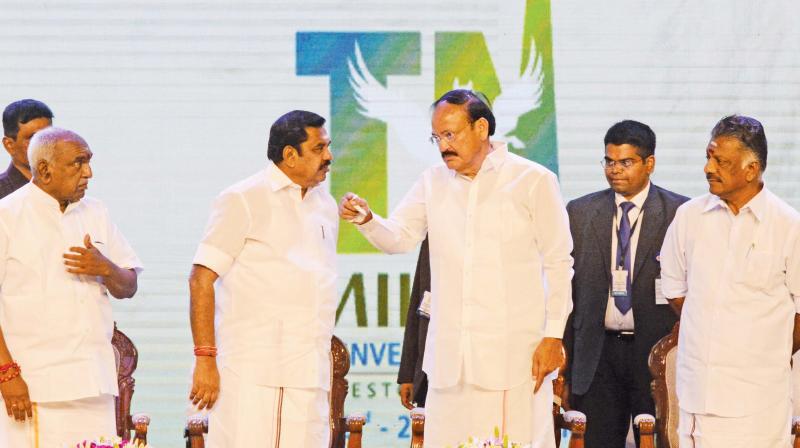 Vice-President M. Venkaiah Naidu with Chief Minister Edappadi K. Palaniswami  during valedictory function at GIM-2019 on Thursday. (Photo: DC)