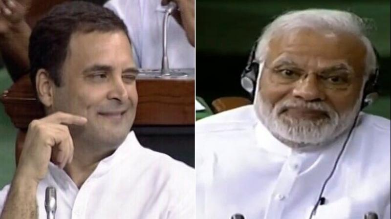 Congress President Rahul Gandhi and Prime Minister Narendra Modi during the Monsoon Session of Parliament, in New Delhi. (LSTV Grab)