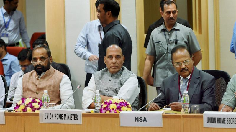 Union Home Minister Rajnath Singh with MoS Kiren Rijiju ,NSA Ajit Doval,Home Secretary Rajiv Mehrishi during a meeting with Chief Ministers and other Union Ministers to review the development and security issues to deal with Left Wing Extremism (LWE) at Vigyan Bhawan in New Delhi on Monday. (Photo: PTI)