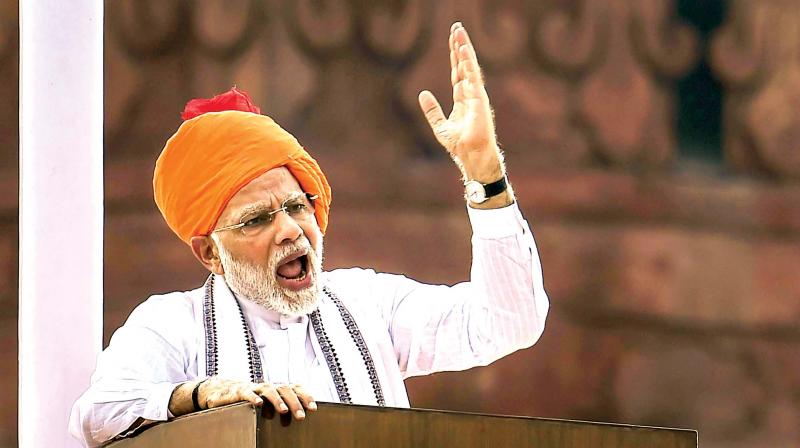 Prime Minister Narendra Modi addresses the nation from the ramparts of the historic Red Fort on the occasion of 72nd Independence Day, in New Delhi on Wednesday.  ( Image: PTI)