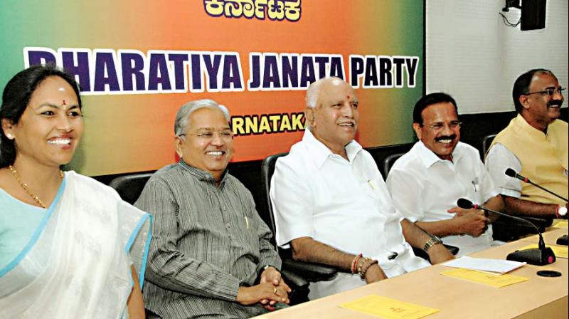 BJP leaders Shobha Karandlaje, Govind Karjol, B.S. Yeddyurappa and Sadananda Gowda at a party meeting in Bengaluru on Monday