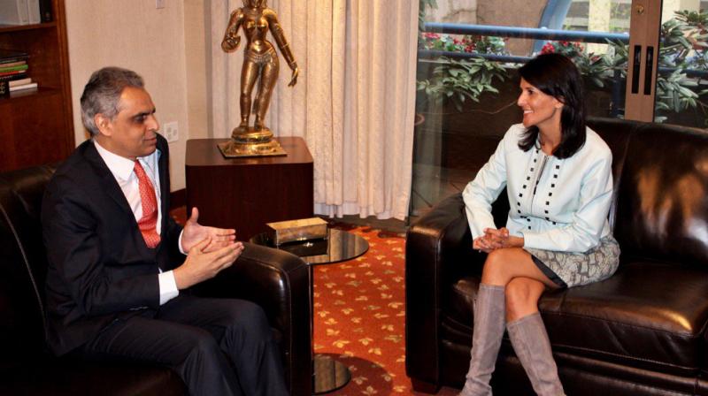 Nikki Haley met Akbaruddin at the Permanent Mission of India to the UN here on Wednesday. (Photo: Twitter)