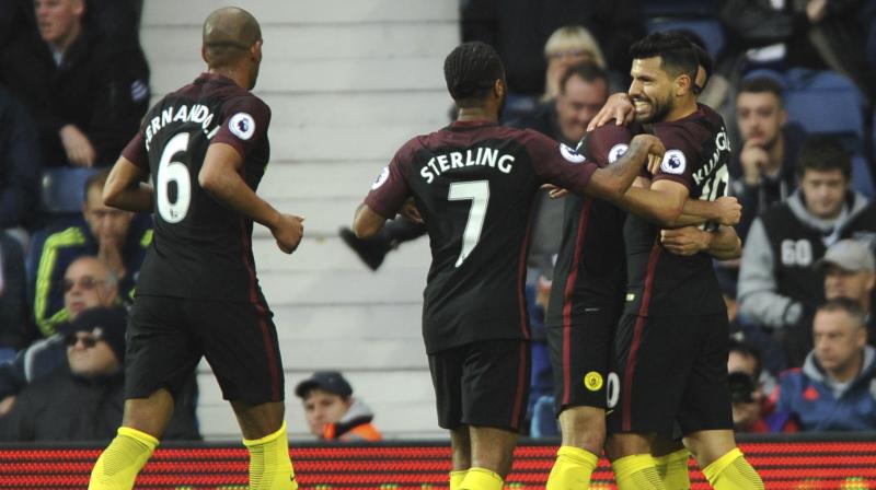 Sergio Aguero scored twice in the first half for City. (Photo: AP)