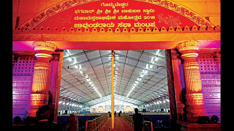 The main stage set up at Shravanabelagola for the grand event from Wednesday