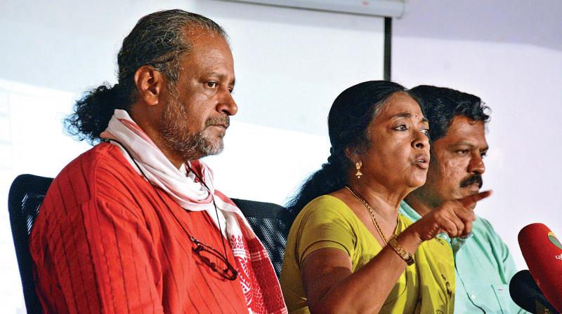 Prof Fatima Babu, S Raja, member of anti-Sterlite committee, and Nityanand Jayaraman address the media on Tuesday. (Photo: DC)