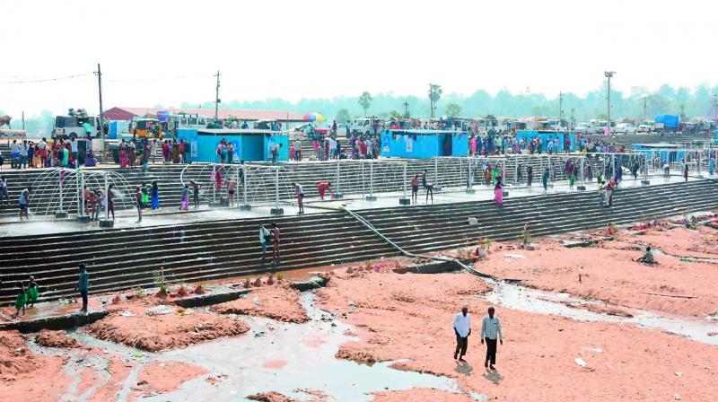 A battery of taps installed at the Jampanna Vagu at Medaram. (Photo: DC)