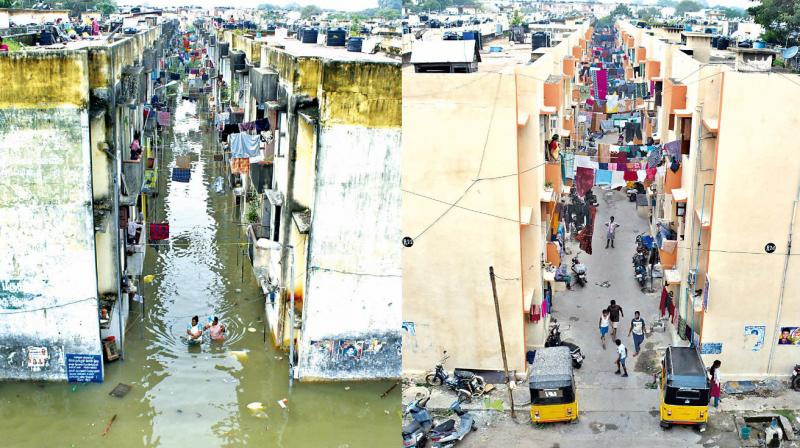 Slum tenements at Kotturpuram faced the fury of rains last year. Some people  traversed the muddy waters using makeshift boats and rafts. Now: A year later,  the buildings are all re-painted though many families could not make up for  the losses.