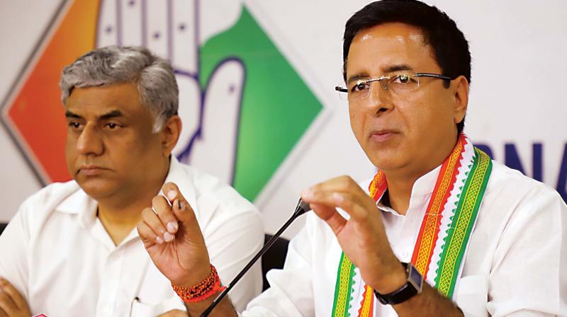 Congress spokesperson Randeep Singh Surjewala, addresses reporters in Bengaluru on Thursday.  (Photo:DC)