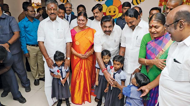 Chief Minister Edappadi K. Palaniswami, Deputy Chief Minister O. Panneerselvam and school education minister K.A. Sengottaiayan and others interacting with KG students at Presidency Girls Higher Secondary School in Egmore on Monday. (Photo: DC)