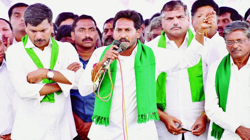 Y.S. Jagan Mohan Reddy at an interaction with farmers at Marala in Puttaparthi on Tuesday. (Photo: DC)