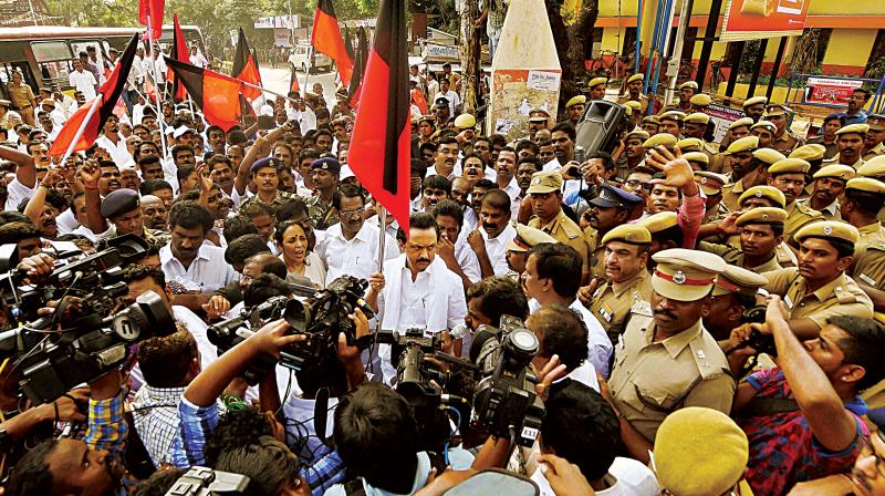 DMK treasurer M.K. Stalin and party workers stage a rail roko demanding the constitution of Cauvery management board, in Chennai on Monday (Photo: PTI)