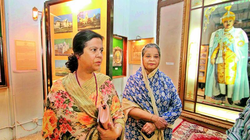 Granddaughter of Nizam VII, Shehzadi Rasheedunnisa Begum views a painting of her grandfather on display on the occasion of Mir Osman Ali Khans 132nd birth anniversary on Thursday.(Photo: DC)