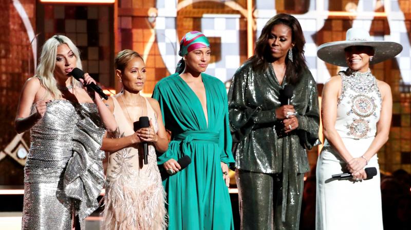 Lady Gaga, from left, Jada Pinkett Smith, Alicia Keys, Michelle Obama and Jennifer Lopez speak at the 61st annual Grammy Awards on Sunday. (Photo: AP)