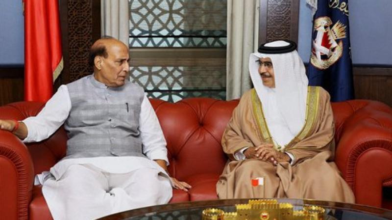 Indian Home Minister Rajnath Singh meeting the Minister of Interior of Bahrain, Lt. Gen Sheikh Rashid Bin Abdulla Al Khalifa in Manama. (Photo: AP)