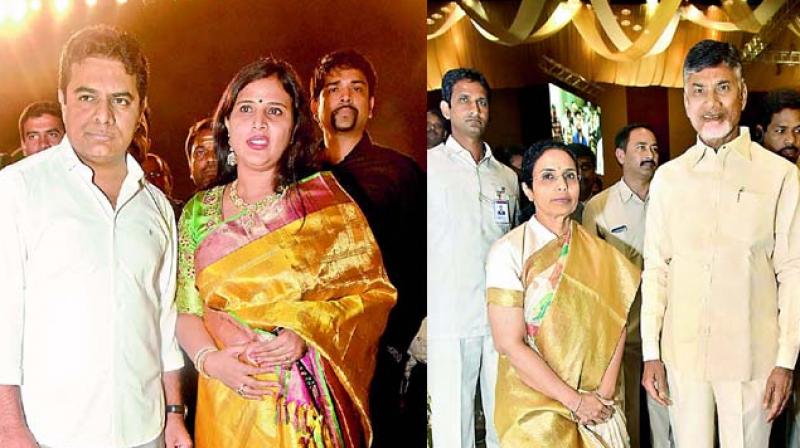 The revelation of sorts is that assets registered on the spouses name will help politicos escape tax scrutiny. (Left) K.T. Rama Rao and wife K. Shailima; (right) Nara Bhuvaneswari and Chandrababu Naidu.