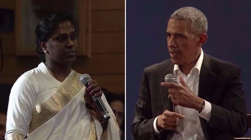 Barack Obama, who had chosen Akkai PadmashaliPadmashali from the audience to ask a question, said that a change requires steady education of the public. (Photo: Screenshots)