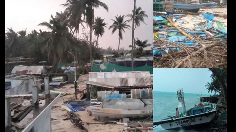 Five fishing boats were damaged early Saturday at Kalpeni island as water level rose due to heavy rains. (Photo: ANI)