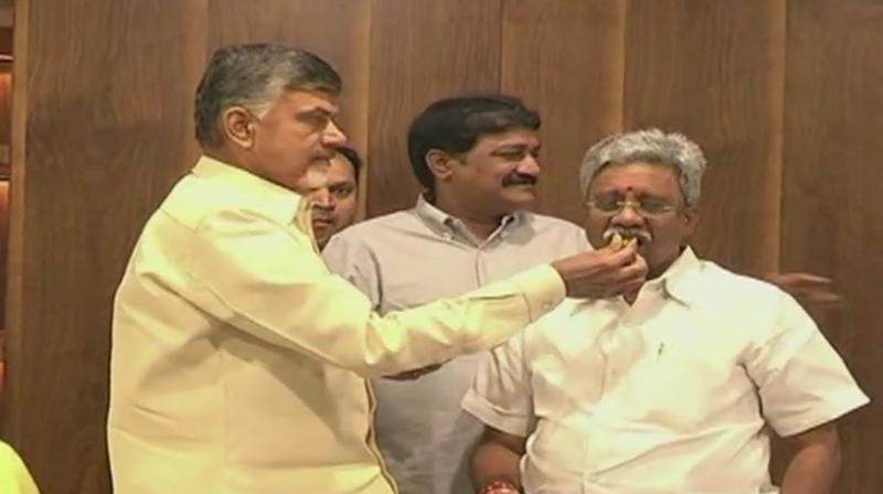 Andhra Pradesh Chief Minister N Chandrababu Naidu exchanges sweets with ministers from Kapu community. (Photo: ANI/Twitter)