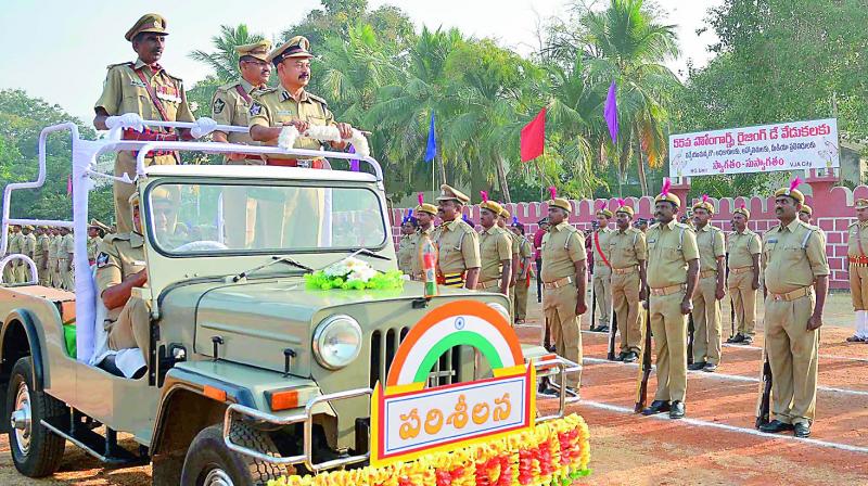 Joint commissioner of Police B. V. Ramana Kumar receives the guard of honour at AR grounds in Vijayawada. (Photo: DC)