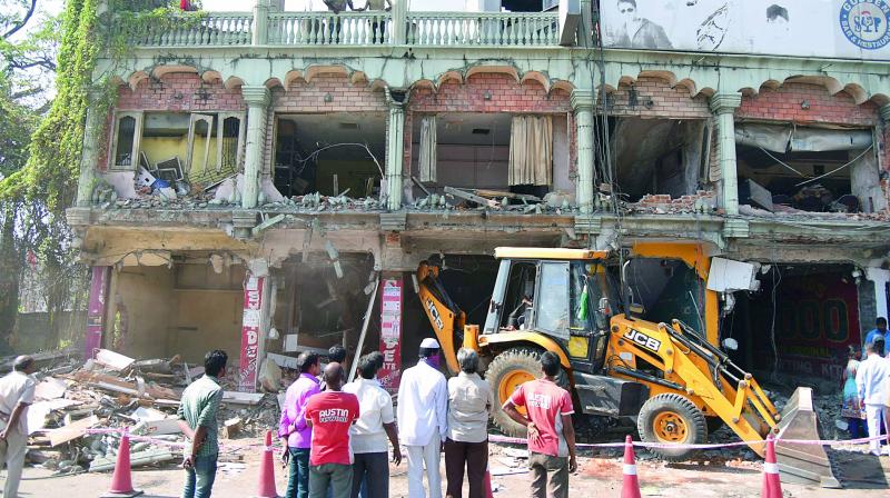A commercial complex that was brought down by the GHMC at Musheerabad on Saturday 	(Photo: DC)