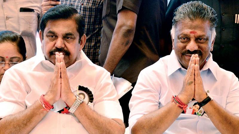 Chief Minister Edapadi K. Palaniswami and Deputy Chief Minister O. Panneerselvam during the AIADMKs day-long fast on the Cauvery issue in Chennai on Tuesday. (Photo: DC)