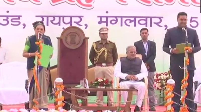 Governor Anandiben Patel administered the oath to the new ministers at the Police Parade Ground here. The ministers took oath in Hindi. (Photo: ANI | Twitter)