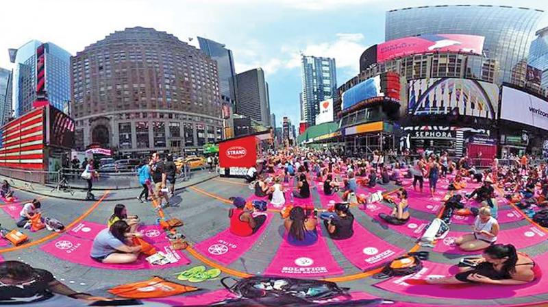 A shot from The International Yoga Day 360Â° video.