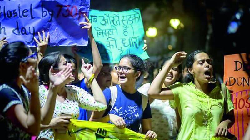 Sadda haq: Participants of the Pinjra Tod movement protesting against restrictive rules for girls in educational institutions and hostels.