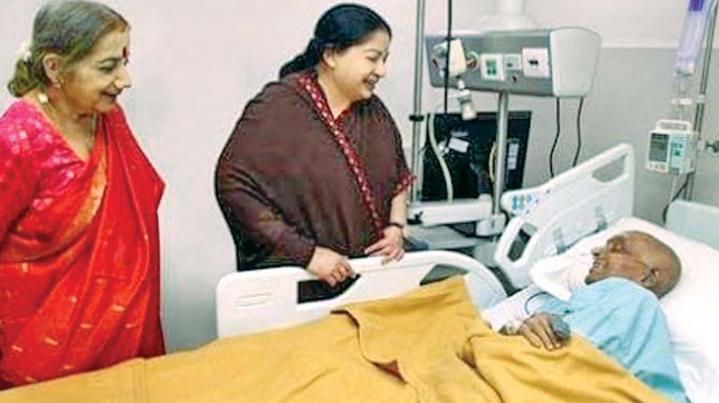 AIADMK leader J. Jayalalithaa cheers up an ailing Cho Ramaswamy at Apollo Hospitals recently.