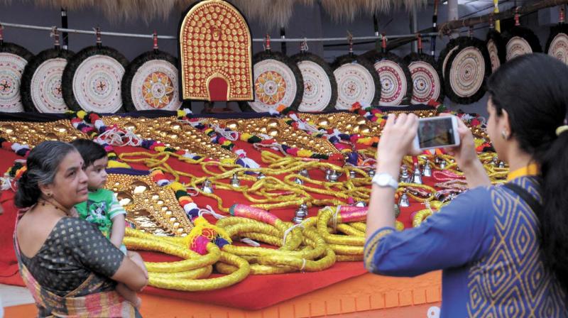 Aanachamayam- ornamental attire of elephants- put on display at Tripunithura temple ahead of festivities.  (Photo: DC)