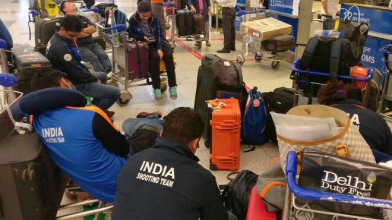The customs at Indira Gandhi International Airport in New Delhi refused to clear the gus being carried by the Indian shooting contingent. (Photo: ANI/ Twitter)