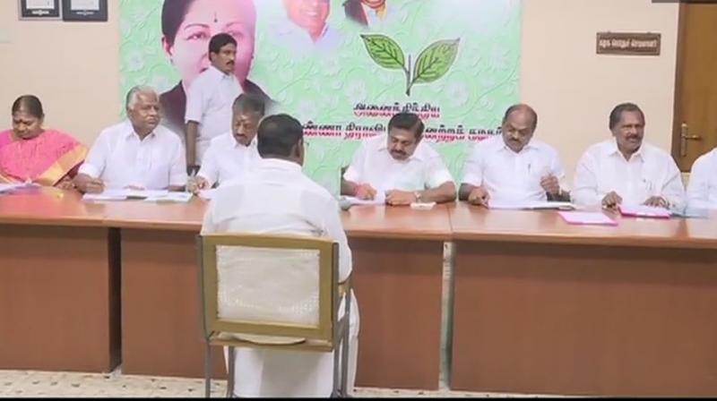 On Monday, the AIADMK Parliamentary Board, whose members include party Coordinator and state Deputy Chief Minister O Panneerselvam and Joint Coordinator and Tamil Nadu Chief Minister K Palaniswami, interviewed the aspiring candidates for 10 constituencies including Salem, Nilgiris and Coimbatore, a party release said. (Photo :ANI| Twitter)