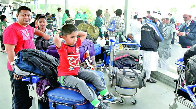 Children and elderly passengers were found sitting with their luggage at the boarding gates, after the Qatar Airways to Doha which was scheduled to leave at 3.10 am on Saturday was rescheduled to leave at 3.10 am on Sunday.