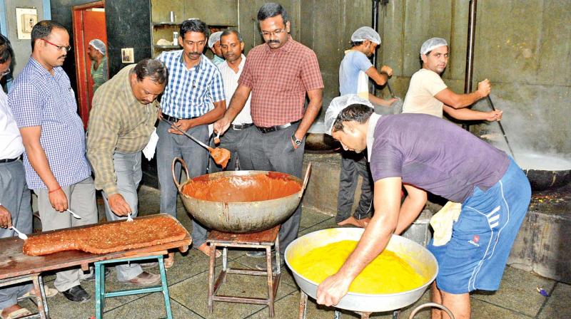 Food safety officials inspect sweet manufacturing units in  Mint Street, Sowcarpet ahead of Deepavali, on Tuesday. (Photo: DC)