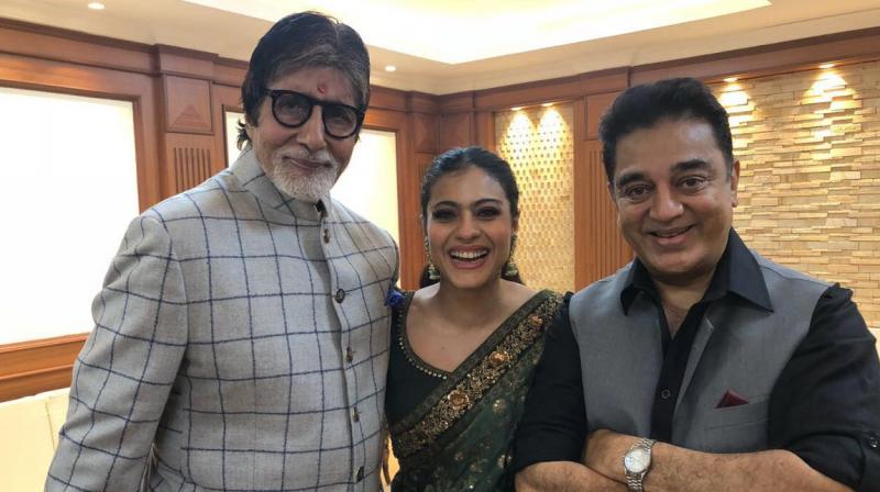 The picture with Amitabh Bachchan and Kamal Haasan that Kajol shared on Twitter.