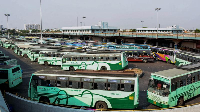 City buses parked at a bus terminus following a strike by transport unions over various demands in Chennai. (Photo: PTI)