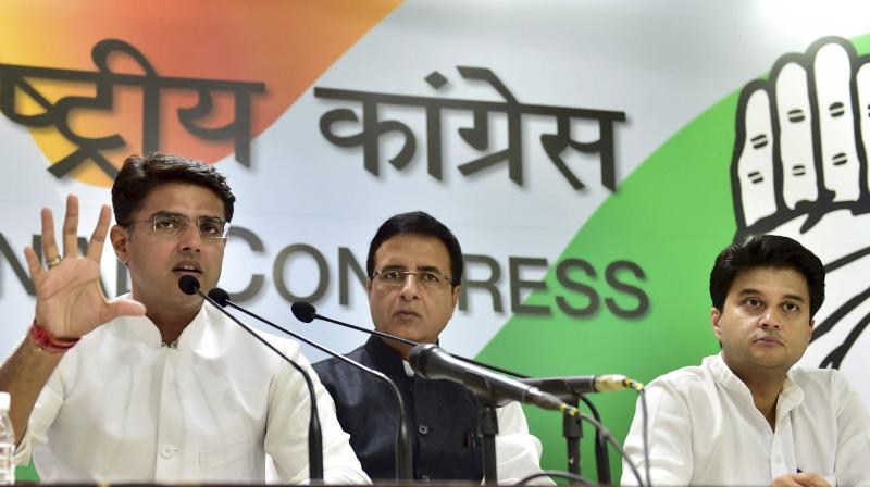 Congress leaders Sachin Pilot, Randeep Surjewala and Jyotiraditya Scindia at a press conference in New Delhi. (Photo: PTI)