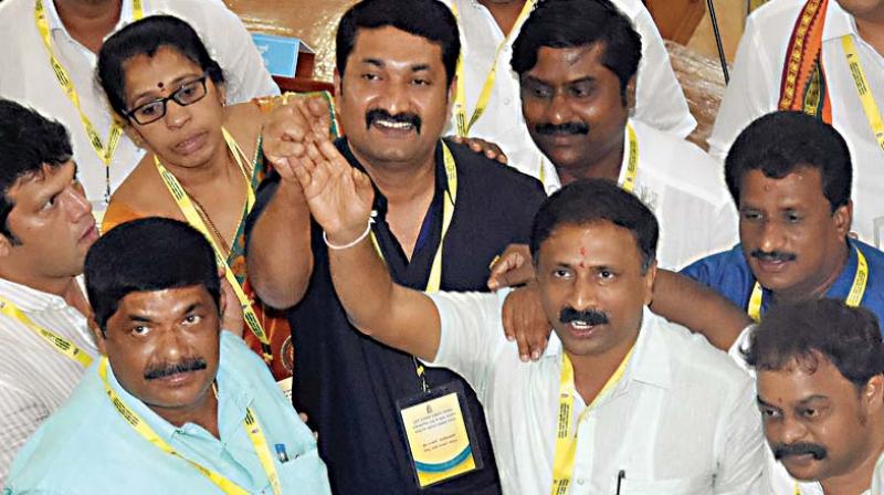 Mr Bhadre Gowda from the JD(S), representing the Nagapura ward, after getting elected unopposed as Bengaluru Deputy Mayor in Bengaluru on Wednesday 	 DC