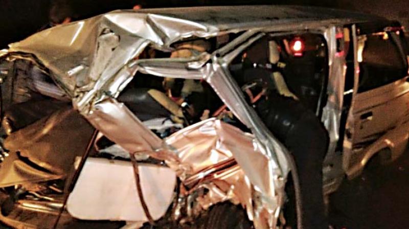 The damaged van after it met with an accident in Devanahalli on Tuesday
