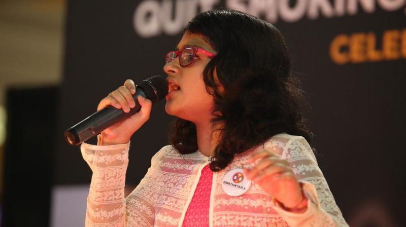 Suchetha Satish, a grade seven student of The Indian High School in Dubai, will attempt to sing songs in 85 languages during the attempt. (Photo: Twitter/swatantaradxb)