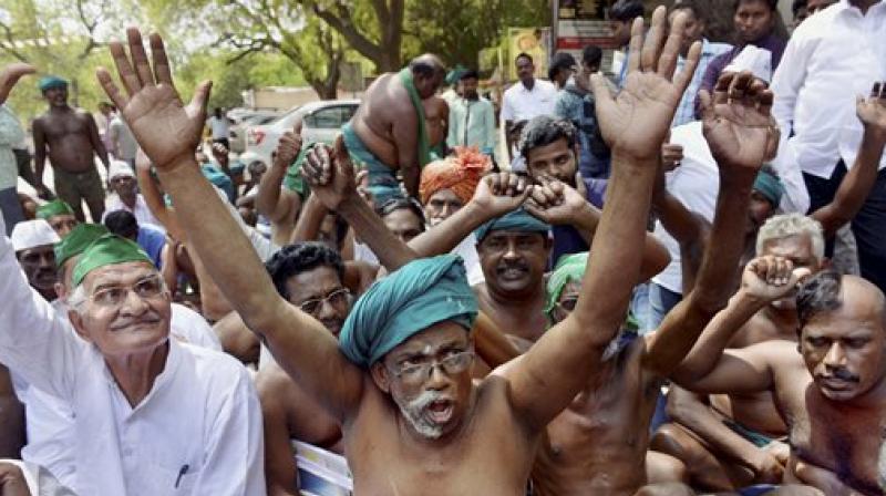 Tamil farmers during their protest demanding loan waiver and compensation for crop failure, at Jantar Mantar in New Delhi. (Photo: PTI)