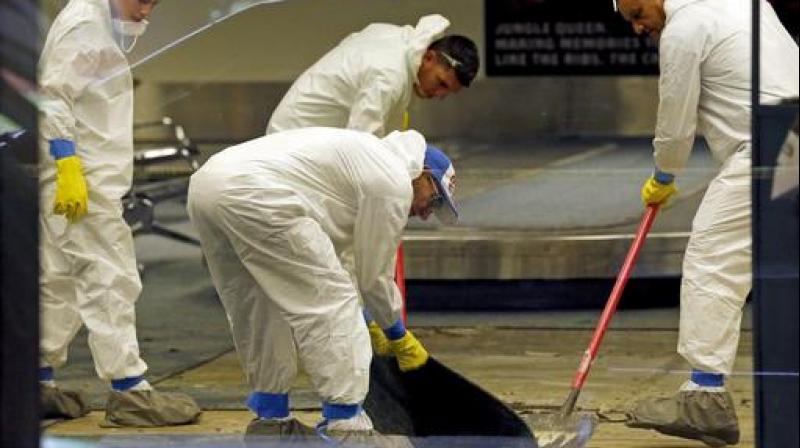 A hazmat crew cleans up baggage claim Terminal Two at Fort Lauderdale-Hollywood International Airport Terminal the day after multiple people were shot on Friday. (Photo: AP)